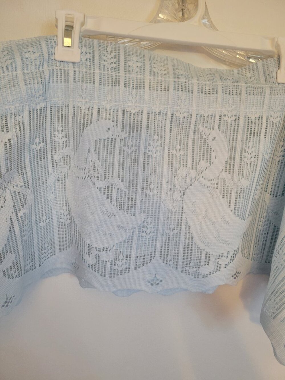 Blue Sheer Lace Café Valance Tier, Floral Pattern, Rod Pocket. Geese, Blue, 64"